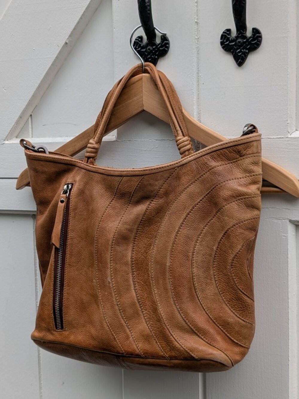 Latico Leathers Full-Grain Tan Leather Wave Stitched Convertible Crossbody Bag